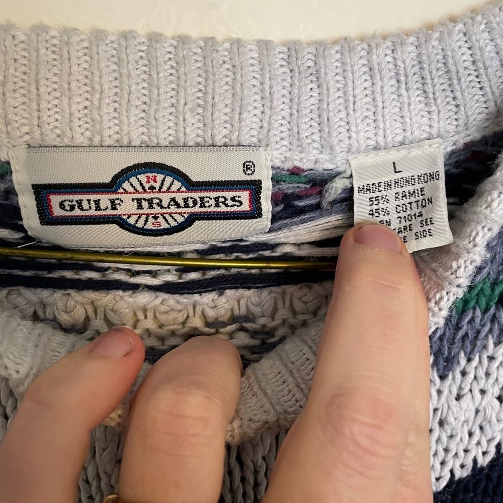 Vintage Men’s 80’s crew Neck long Sleeve heavy Sweater in Blue and White Size L - Picture 3 of 6